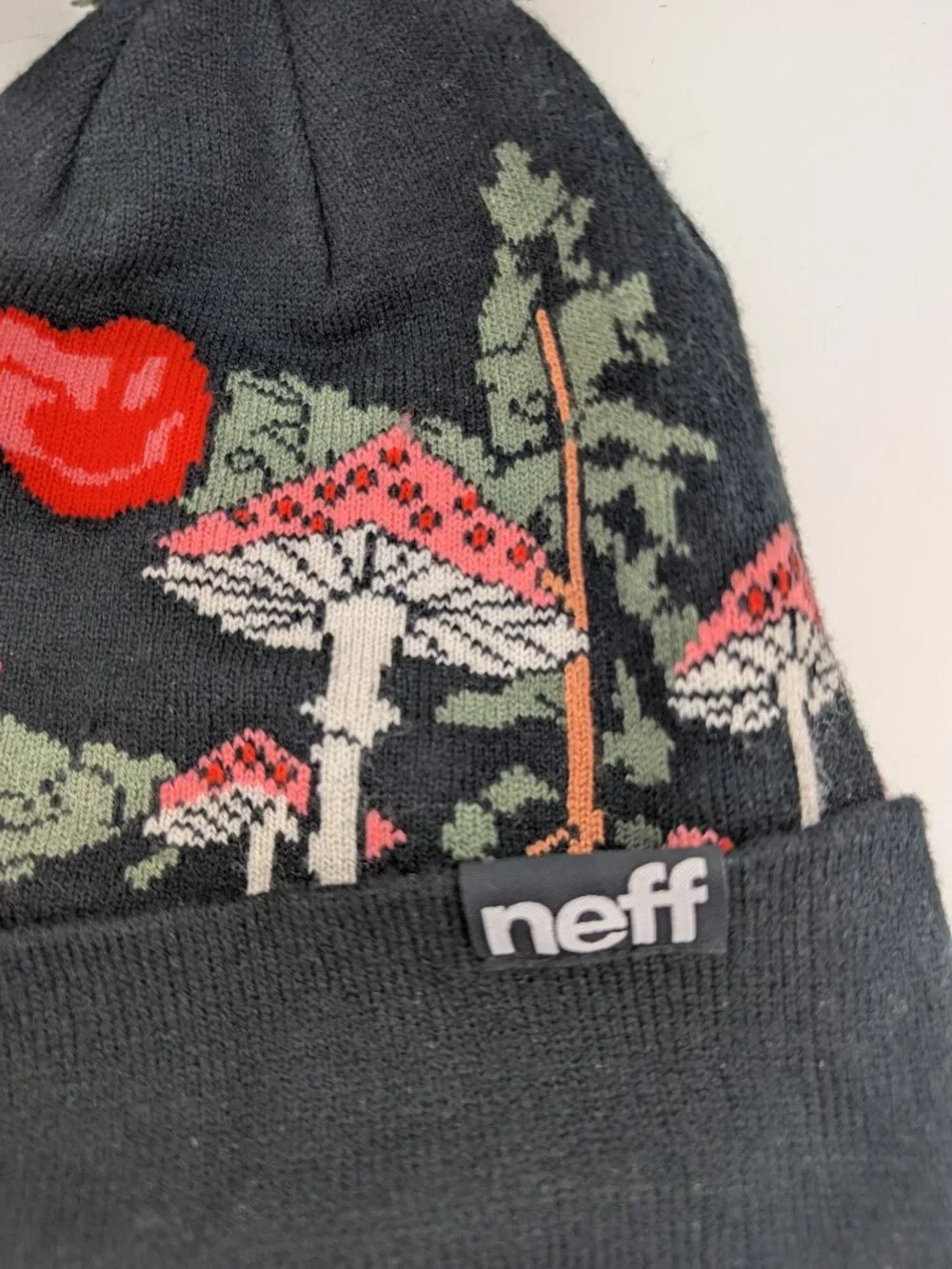 NEFF Mushroom Beanie Black with Green Pom Pom Cap Knit Hat Acrylic Unisex
